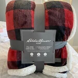 Eddie Bauer Queen Canyon Plaid Red Black Sherpa Reversible Buffalo Plaid Blanket